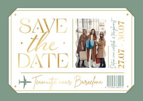 Save the date ticket bedrijfsuitje buitenland uitnodiging
