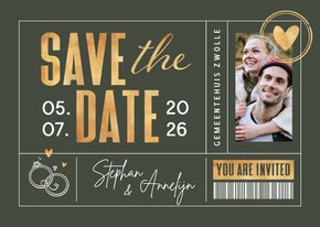 Save the date ticket trouwkaart hartje ringen goud 