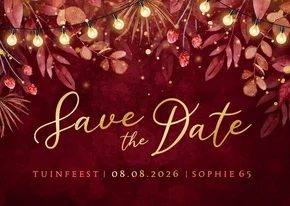 Save the date uitnodiging tuinfeest lampjes rood goud