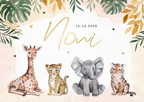Sfeervol geboortekaartje dieren jungle giraf olifant tijger