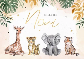 Sfeervol geboortekaartje dieren jungle giraf olifant tijger