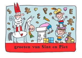 Sinterklaaskaart met sint en piet op het dak