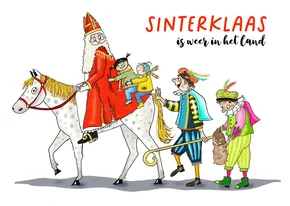 Sinterklaaskaart Sint op Ozosnel met twee kinderen en Pieten