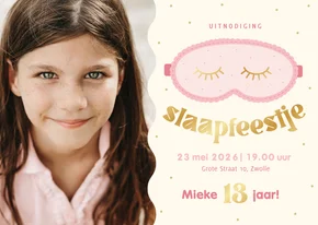 Slaapfeestje uitnodiging met foto en slaapmasker