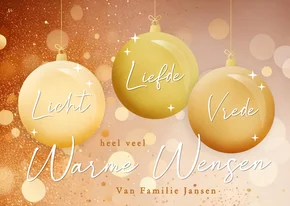 Sprankelende kerstkaart met kerstballen licht liefde vrede