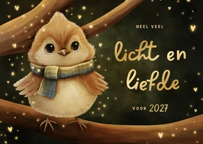 Sprankelende kerstkaart vogeltje licht en liefde voor 2027