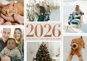 Stijlvolle fotocollage kerstkaart met 2026 in rosé goud