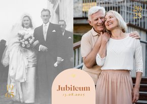 Stijlvolle jubileumkaart met foto's boogje en goudfolie