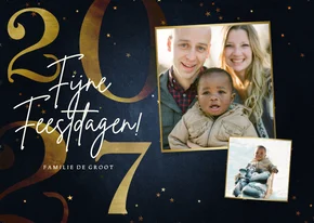 Stijlvolle kerstkaart 2027 goud 2 fotos fijne feestdagen