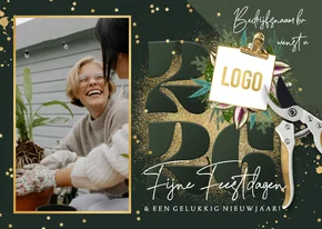 Stijlvolle kerstkaart botanische planten snoeischaar goud