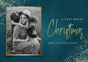 Stijlvolle kerstkaart met foto, gouden sneeuw en typografie