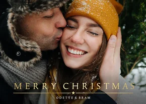 Stijlvolle kerstkaart met grote eigen foto en goudlook tekst