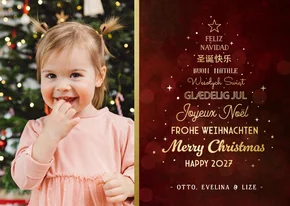 Stijlvolle kerstkaart met kerstboom in talen en eigen foto