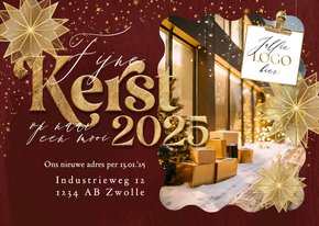 Stijlvolle kerstkaart vershuisd foto kerststerren goud logo