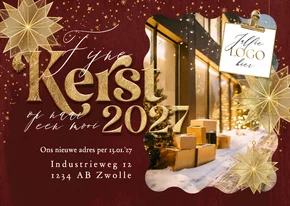 Stijlvolle kerstkaart vershuisd foto kerststerren goud logo