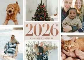Stijlvolle nieuwjaarskaart bronzen 2026 en fotocollage