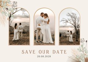 Stijlvolle Save the Date kaart droogbloemen 3 foto's