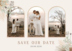 Stijlvolle Save the Date kaart droogbloemen 3 foto's