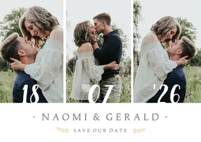 Stijlvolle Save the Date kaart met 3 foto's en trouwdatum