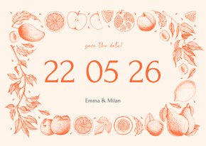 Stijlvolle save the date met vintage tekeningen van fruit