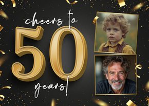 Stijlvolle uitnodiging 2 foto's goud cheers to 50 years 
