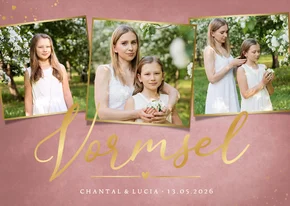 Stijlvolle Vormsel uitnodiging voor een meisje met 3 foto's