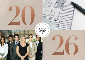 Stijlvolle zakelijke kerstkaart met fotocollage, logo & 2026