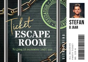 Stoere ticket uitnodiging escape room kinderfeestje jongen