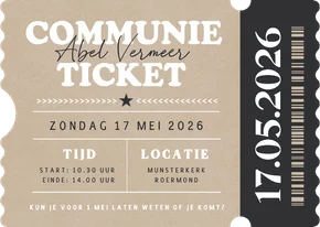 Stoere uitnodiging communie ticket vorm met kraft