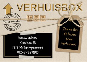 Stoere verhuiskaart met label en touwtje op verhuisdoos