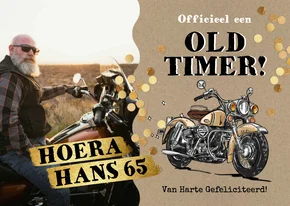 Stoere verjaardagskaart motor oldtimer confetti goud foto