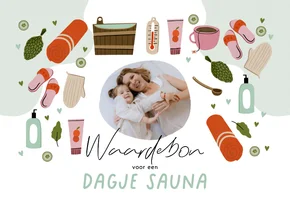 Tegoedbon kaart met foto dagje sauna moederdag illustraties