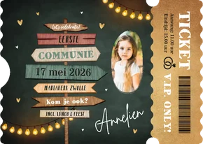 Ticket communie wegwijzers hartjes krijtbord goud