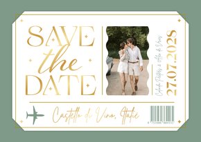 Ticket save the date kaart vliegtuig buitenland goud