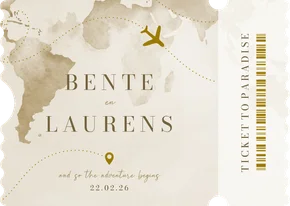 Ticket trouwkaart waterverf wereld goudfolie vliegtuig