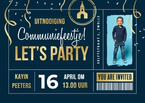 Ticket uitnodiging communie feestje foto stoer goud