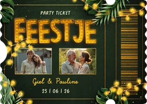 Ticket uitnodiging feestje botanisch met foto's en lampjes