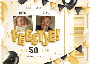 Ticket uitnodiging feestje met ballonnen en confetti