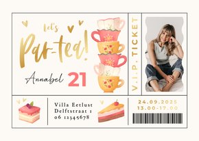 Ticket uitnodiging high tea goud foto taart