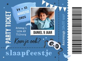 Ticket uitnodiging kinderfeestje slaapfeestje hip