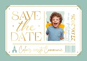 Ticket uitnodigingskaart communie stijlvol modern goud foto