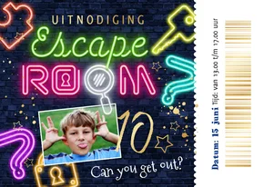 Toffe uitnodiging kinderfeest escape room ticket goud
