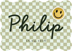 Trendy geboortekaartje blokpatroon groen smiley patch