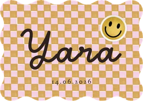 Trendy geboortekaartje patroon blokjes smiley patch