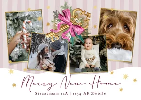 Trendy kerstkaart fotocollage merry new home sleutel sterren