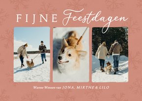 Trendy kerstkaart met fotos en sneeuwvlokken in oudroze