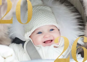 Trendy nieuwjaarskaart met grote foto en gouden 2026