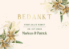 Trouwkaart bedankt witte lelie en echte goudfolie