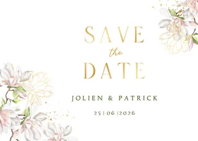 Trouwkaart save the date magnoliatakken met goudfolie