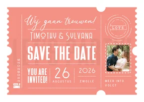 Trouwkaart save the date ticket hip modern foto zalmroze